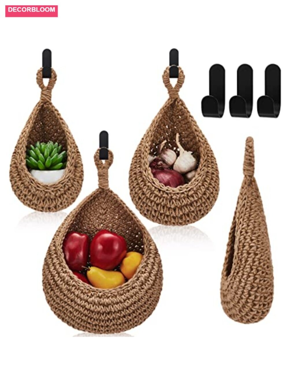 Honeydak 3 Hanging Baskets, Linen, Teardrop, Jute